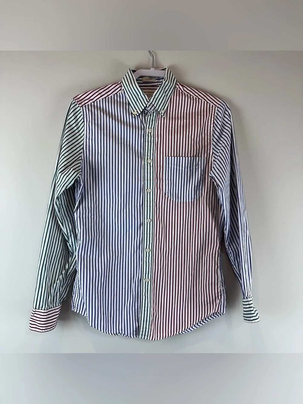 J.Crew Mens White Blue Red Green Stripe Classic Secret Wash Button Down Shirt XS